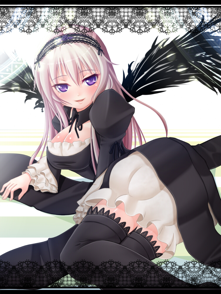 breasts chibimame cleavage dress hairband large_breasts long_hair lying purple_eyes rozen_maiden silver_hair solo suigintou thighhighs wings zettai_ryouiki