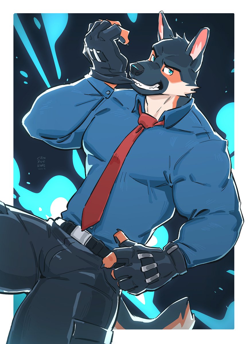 1boy another_eidos-r bara barlitz_(another_eidos) belt biting black_belt black_pants blue_eyes blue_shirt border canyne_khai dog_boy feet_out_of_frame fingerless_gloves furry furry_male glove_biting gloves highres looking_at_viewer male_focus muscular muscular_male necktie pants red_necktie shirt signature solo tail thick_arms tight_clothes tight_shirt white_border