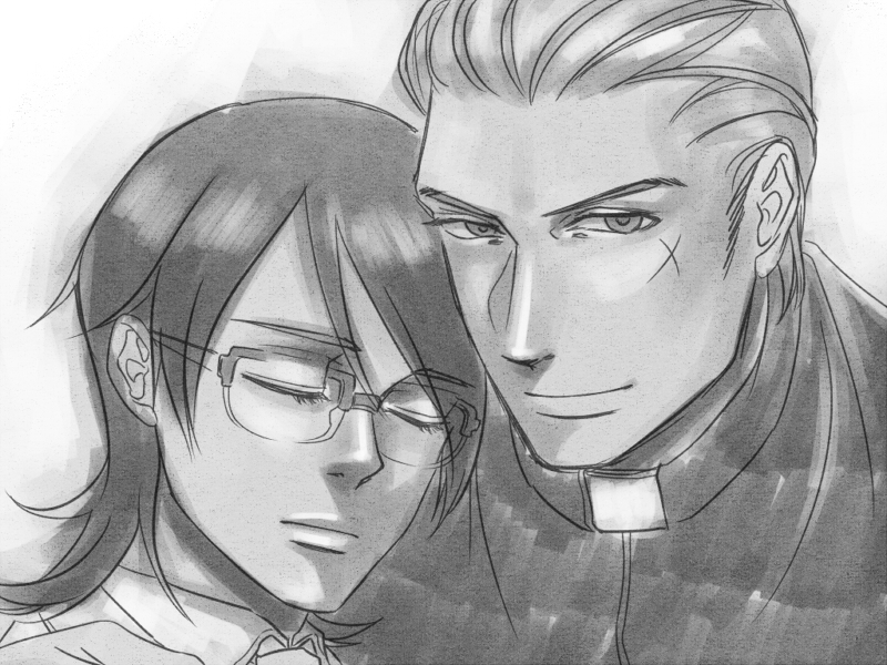 2boys aged_up bixuehuangsha cassock clerical_collar closed_eyes closed_mouth couple cross_scar doctor glasses greyscale hair_slicked_back head_on_another's_shoulder kawabuchi_sentarou looking_at_viewer male_focus medium_hair monochrome multiple_boys nishimi_kaoru portrait priest sakamichi_no_apollon scar scar_on_cheek scar_on_face short_hair smile yaoi