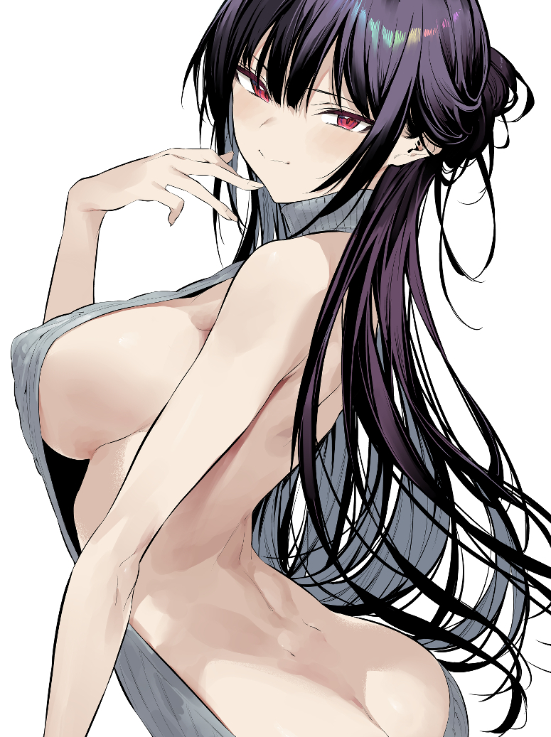 1girl ass back bare_arms bare_shoulders black_hair blush breasts closed_mouth from_behind grey_sweater haite_kudasai_takamine-san hand_up hiiragi_yuuichi large_breasts ling_hair looking_at_viewer meme_attire red_eyes sleeveless smile solo sweater takamine_takane virgin_killer_sweater