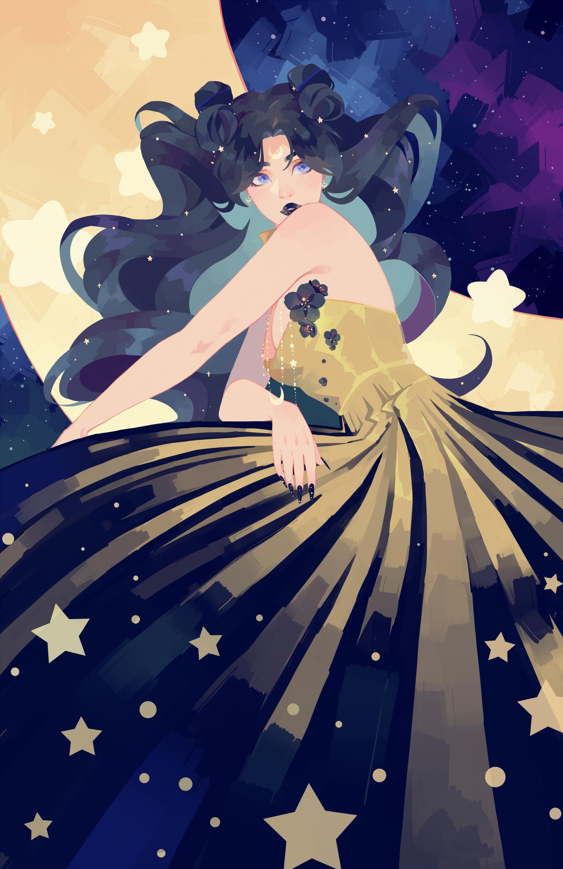 1girl absurdres bare_shoulders bishoujo_senshi_sailor_moon black_hair black_lips blue_eyes crescent dress earrings facial_mark flower_ornament forehead_mark highres jewelry long_hair looking_to_the_side luna_(sailor_moon) luna_(sailor_moon)_(human) nail_polish necklace parted_bangs sky solo star_(sky) star_(symbol) starry_sky vonnabeee wavy_hair yellow_dress