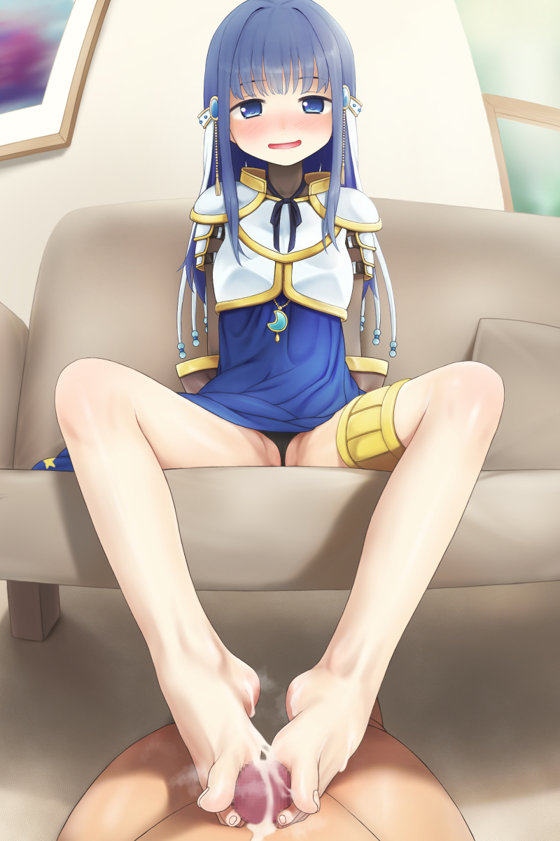1boy 1girl armor barefoot black_panties blue_dress blue_eyes blue_hair blush breastplate censored commentary_request commission couch cum cum_on_body cum_on_feet cum_on_male cum_on_penis cum_string dress ejaculation feet footjob foreshortening full_body gold_trim hair_ornament hetero highres indoors knees_apart_feet_together legs long_hair looking_at_viewer maa_(maa1) magia_record:_mahou_shoujo_madoka_magica_gaiden mahou_shoujo_madoka_magica mosaic_censoring nanami_yachiyo on_couch open_mouth panties penis pixiv_commission pov shadow shoulder_armor sitting smell steaming_body thigh_strap toenails toes two-footed_footjob underwear