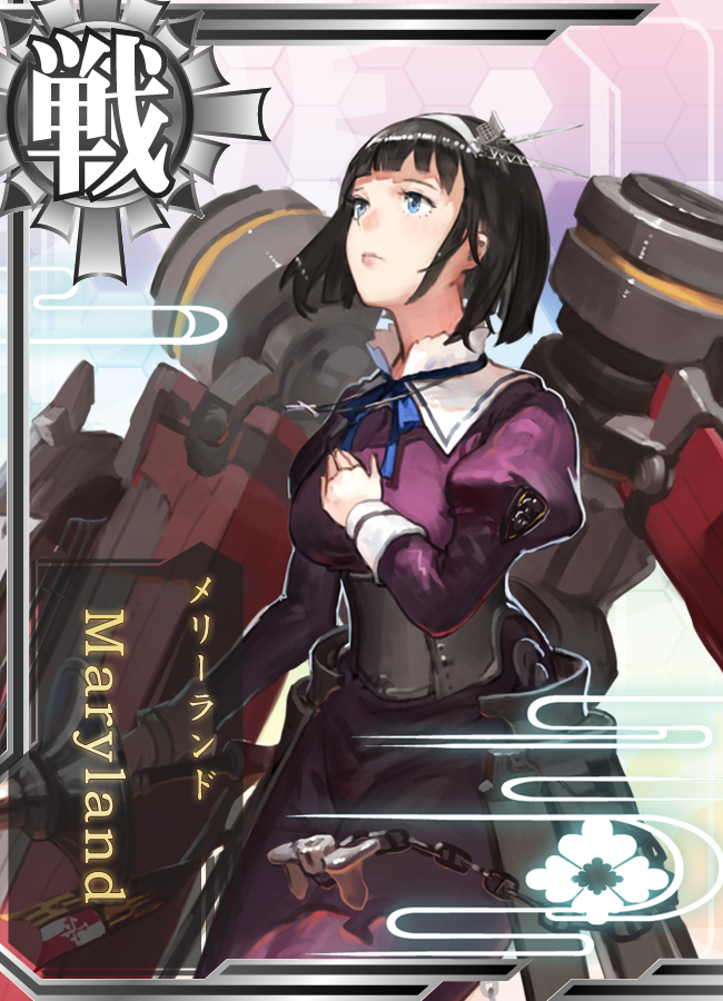 anchor armor armored_dress bangs black_hair blue_eyes blunt_bangs breasts cannon card card_(medium) card_parody character_name corset dress egasumi english hand_on_own_chest jeanex juliet_sleeves kantai_collection lance large_breasts lips long_sleeves looking_up machinery mecha_musume original pacific polearm puffy_sleeves purple_dress ribbon short_hair solo text_focus turret uss_maryland_(bb-46) weapon