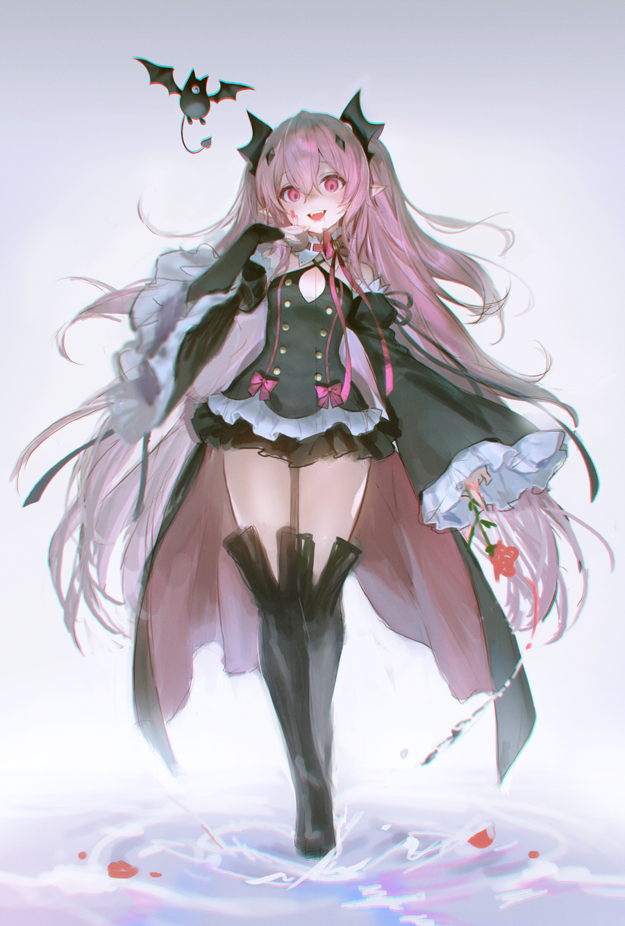 1girl adelie_cat bare_shoulders bat_(animal) black_dress black_footwear black_gloves blood blood_on_face boots bow breasts cleavage_cutout clothing_cutout commentary_request detached_sleeves dithering dress elbow_gloves fangs fingerless_gloves flower gloves hair_ornament highres holding holding_flower krul_tepes long_hair long_sleeves one-eyed owari_no_seraph petals petals_on_liquid petite pink_hair pointy_ears red_bow red_eyes rose rose_petals small_breasts solo splashing thigh_boots twintails vampire very_long_hair walking walking_on_liquid waves wide_hips wide_sleeves