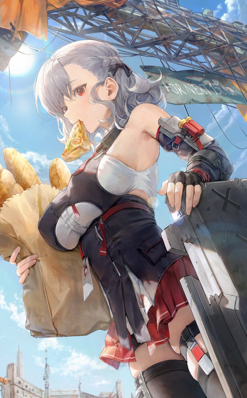 1girl bag baguette black_gloves braid bread breasts cloud cloudy_sky cowboy_shot douya_(233) eating fingerless_gloves food food_in_mouth french_braid girls'_frontline girls'_frontline_2:_exilium gloves grey_hair highres holding holding_bag holding_food large_breasts looking_at_viewer medium_hair paper_bag pizza pizza_slice red_eyes red_skirt shotgun_shell skirt sky solo spas-12_(girls'_frontline) sun