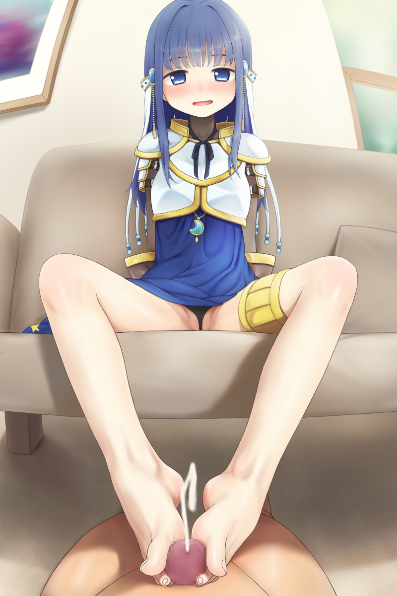 1boy 1girl armor barefoot black_panties blue_dress blue_eyes blue_hair blush breastplate censored commentary_request commission couch cum dress ejaculation feet footjob foreshortening full_body gold_trim hair_ornament hetero highres indoors knees_apart_feet_together legs long_hair looking_at_viewer maa_(maa1) magia_record:_mahou_shoujo_madoka_magica_gaiden mahou_shoujo_madoka_magica mosaic_censoring nanami_yachiyo on_couch open_mouth panties penis pixiv_commission pov shadow shoulder_armor sitting smell steaming_body thigh_strap toenails toes two-footed_footjob underwear