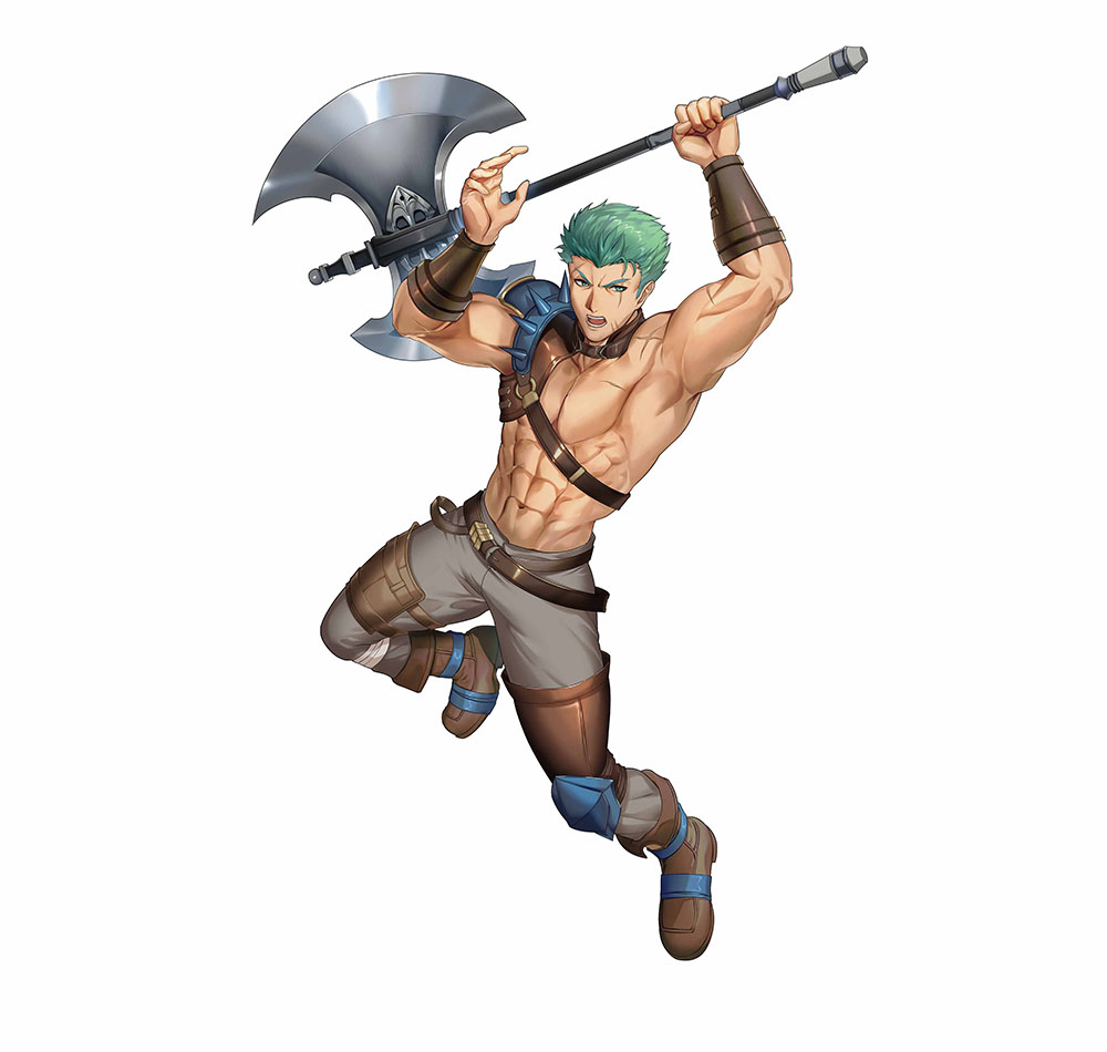 1boy armor axe brown_footwear dieck_(fire_emblem) fire_emblem fire_emblem:_the_binding_blade fire_emblem_heroes green_eyes green_hair grey_pants holding holding_axe mikurou_(nayuta) muscular muscular_male official_art open_mouth pants pauldrons shoulder_armor single_pauldron solo