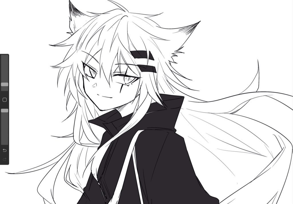 1girl animal_ears arknights arrow_(symbol) closed_mouth eyes_visible_through_hair greyscale hair_between_eyes hair_ornament hairclip hatching_(texture) high_collar itonatsu jacket lappland_(arknights) light_smile linear_hatching long_hair looking_at_viewer messy_hair monochrome portrait scar scar_across_eye scar_on_face slit_pupils solo split_mouth unfinished user_interface wolf_ears wolf_girl
