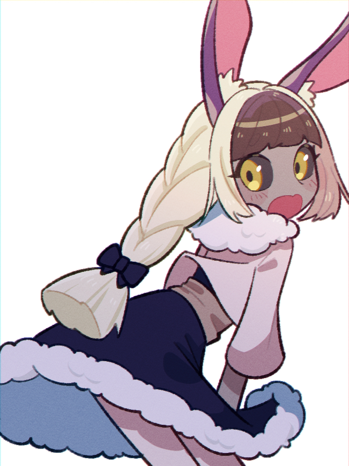 1girl animal_ears black_bow black_dress black_sclera blonde_hair blush bow braid brown_hair brown_sash colored_sclera colored_skin cropped_legs dark_skin dress embarrassed fur-trimmed_dress fur-trimmed_jacket fur_trim grey_jacket hair_bow holding holding_clothes holding_dress jacket lagombi long_sleeves looking_at_viewer looking_back monster_hunter_(series) multicolored_hair open_mouth personification rabbit_ears simple_background single_braid solo two-tone_hair user_ttug5452 white_skin