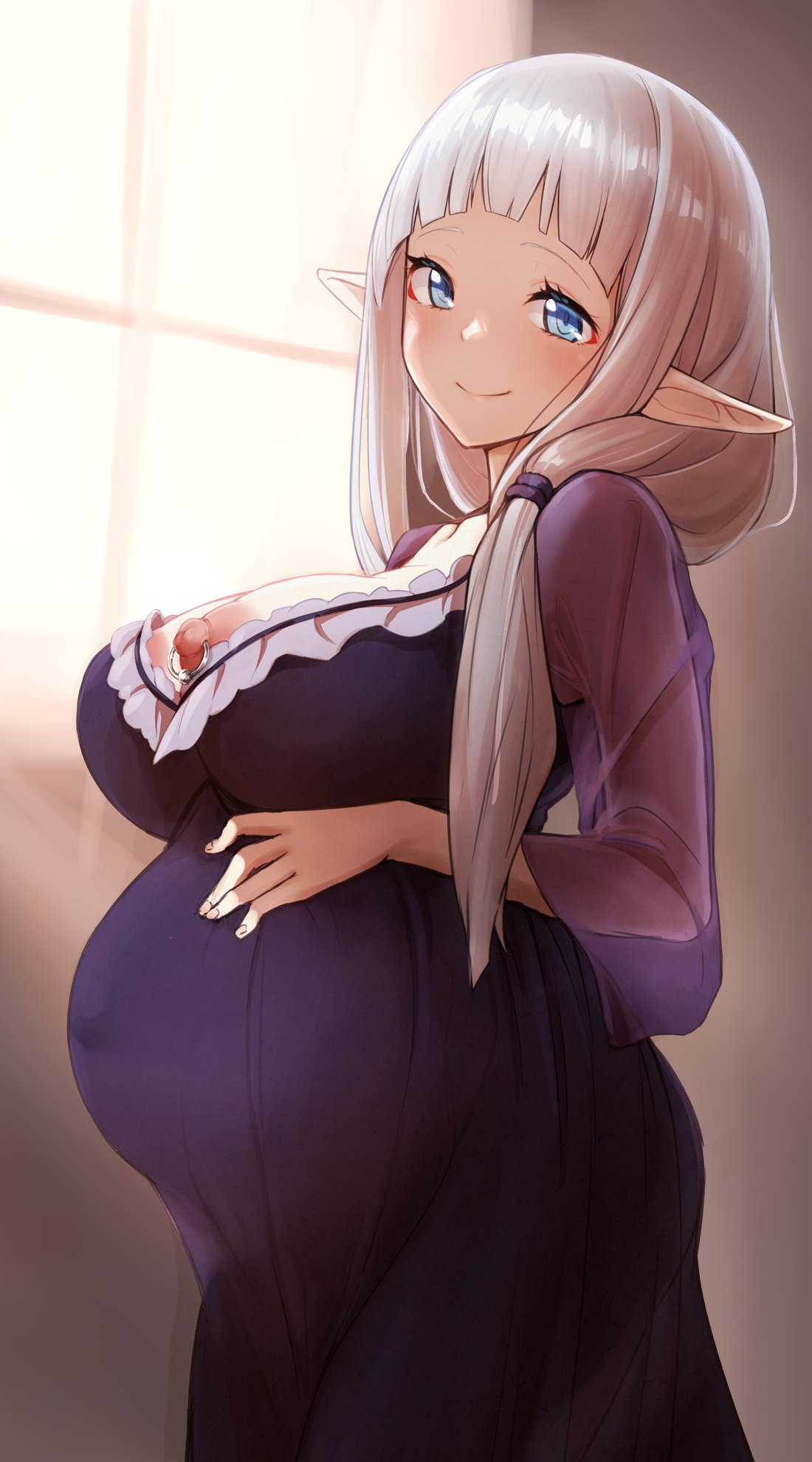 1girl big_belly blue_eyes grey_hair hand_on_own_stomach highres isekai_nonbiri_nouka low-braided_long_hair nipple_piercing nipple_slip nipples outie_navel piercing pointy_ears pregnant rurushi_ru smile wantsupanchi!!