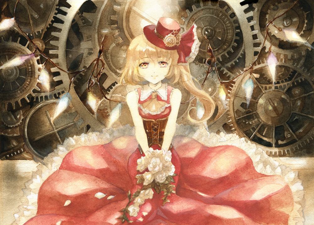 acrylic_paint_(medium) alternate_costume ascot bad_id bad_pixiv_id bangs blonde_hair bouquet corset dress flandre_scarlet flower frilled_dress frilled_skirt frills gears gown hat hat_ornament hat_ribbon keiko_(mitakarawa) light_smile lolita_fashion looking_at_viewer red_dress ribbon rose short_hair side_ponytail sitting skirt sleeveless sleeveless_dress solo steampunk top_hat touhou traditional_media v_arms watercolor_(medium) white_flower white_rose wing_collar wings yellow_eyes