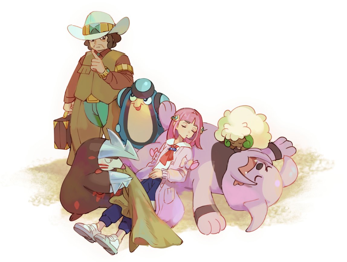1boy 1girl blue_pants briefcase brown_shirt brown_vest buttons clay_(pokemon) closed_eyes closed_mouth excadrill granbull green_pants hair_ornament hairclip hat huan_li index_finger_raised lacey_(pokemon) long_sleeves looking_down lying palpitoad pants pink_hair pokemon pokemon_(creature) pokemon_bw pokemon_sv shirt shoes sleeping standing vest watch whimsicott white_shirt wristwatch