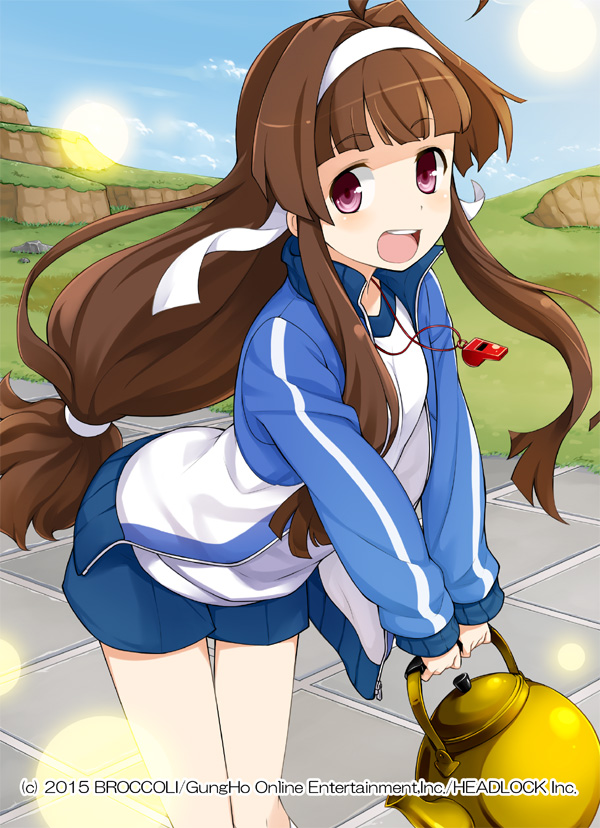 blush brown_eyes brown_hair emil_chronicle_online hairband jacket long_hair looking_at_viewer manager official_art open_mouth sakumo_(karatama) shorts sidelocks teapot track_jacket whistle