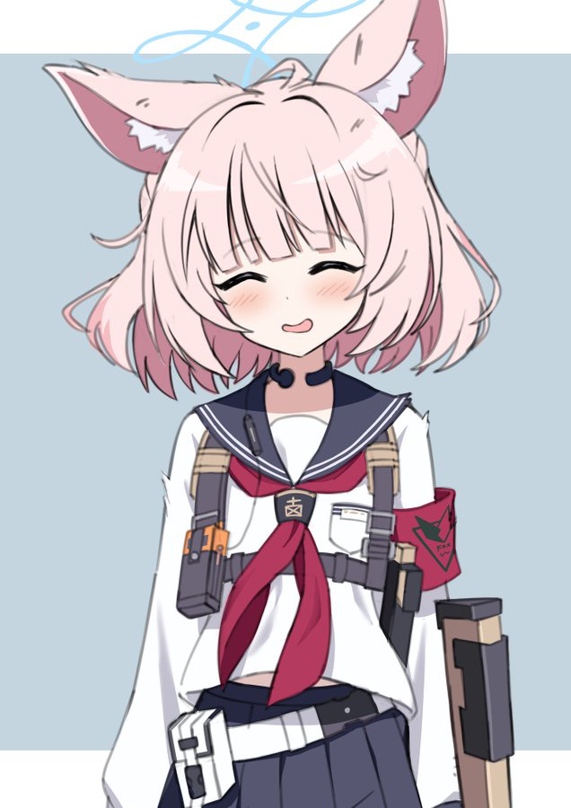 1girl animal_ear_fluff animal_ears belt belt_pouch black_sailor_collar black_skirt blue_archive blush chest_harness closed_eyes commentary efu_(ehutan) facing_viewer fox_ears fox_girl grey_background gun harness holding holding_gun holding_weapon letterboxed long_sleeves messy_hair midriff_peek neckerchief niko_(blue_archive) open_mouth pink_hair pleated_skirt pouch red_neckerchief sailor_collar shirt short_hair simple_background skirt smile solo throat_microphone upper_body weapon white_belt white_shirt