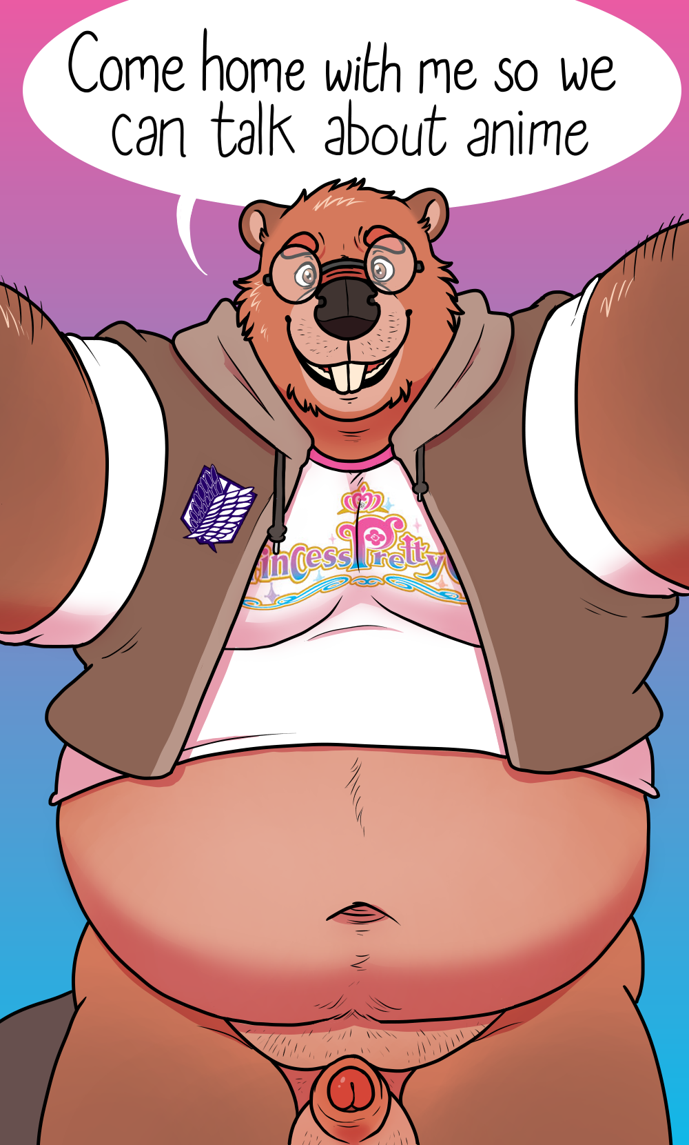 anthro balls beaver belly bluebean bottomless clothed clothing english_text eyewear first_person_view foreskin fupa genitals glasses hi_res male mammal navel nerd overweight penis rodent shirt solo t-shirt text topwear weeaboo