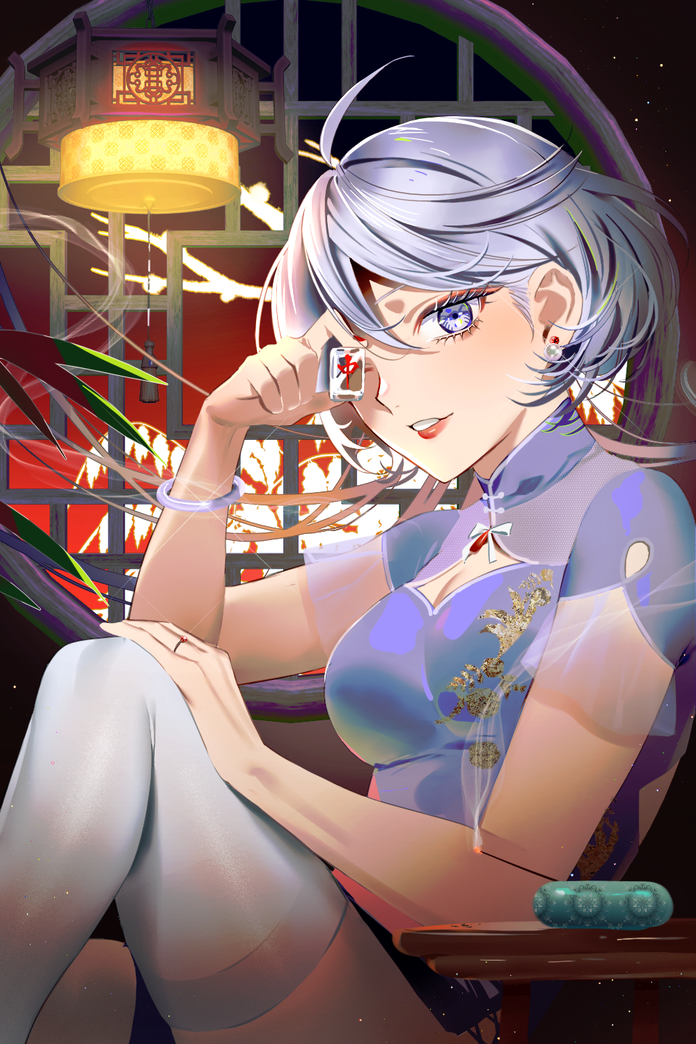 1girl architecture blue_eyes breasts chair china_dress chinese_clothes cleavage cleavage_cutout clothing_cutout commentary dress earrings east_asian_architecture fern_(bhbtr) grey_hair gundam gundam_suisei_no_majo hand_on_own_knee highres holding_mahjong_tile incense incense_burner jewelry leg_up light light_particles lipstick long_hair looking_at_viewer mahjong mahjong_tile makeup miorine_rembran nail_polish one_eye_closed parted_lips pearl_earrings red_lips red_nails ring sitting smile solo thighhighs window