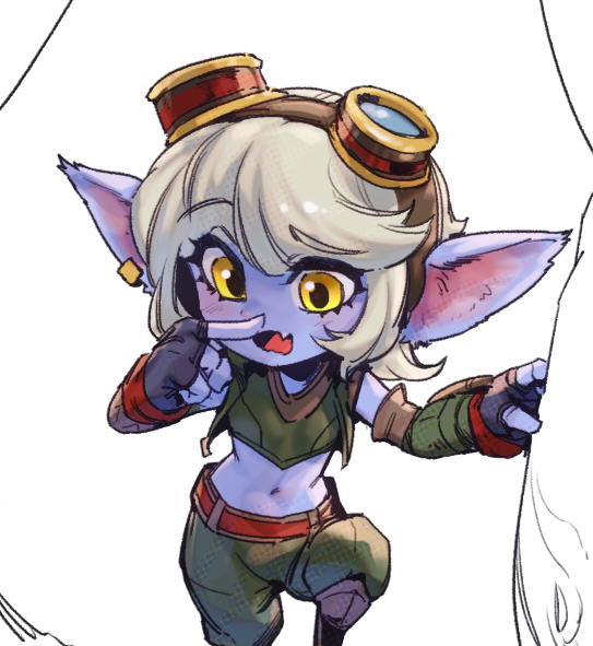 1girl belt black_gloves colored_skin crop_top fang finger_to_own_nose fingerless_gloves gloves goggles goggles_on_head green_pants grey_hair hand_up league_of_legends medium_hair midriff navel pants phantom_ix_row pointy_ears purple_skin red_belt solo stomach tristana yellow_eyes yordle