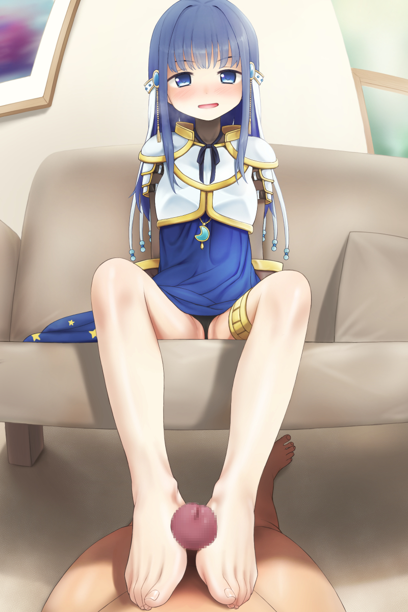 1boy 1girl armor barefoot black_panties blue_dress blue_eyes blue_hair blush breastplate censored commentary_request commission couch dress feet footjob foreshortening full_body gold_trim hair_ornament hetero highres indoors knees_apart_feet_together legs long_hair looking_at_viewer maa_(maa1) magia_record:_mahou_shoujo_madoka_magica_gaiden mahou_shoujo_madoka_magica mosaic_censoring nanami_yachiyo on_couch open_mouth panties penis pixiv_commission pov shadow shoulder_armor sitting smell steaming_body thigh_strap toenails toes two-footed_footjob underwear