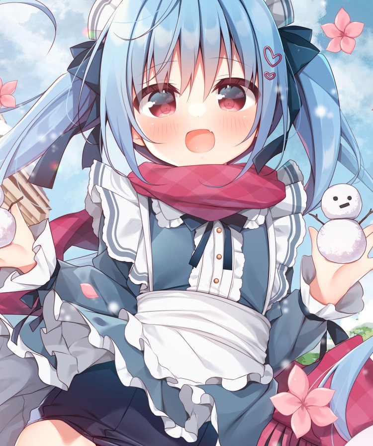 1girl :d apron black_bow black_dress black_one-piece_swimsuit blue_hair blue_sky blush bow cloud cloudy_sky collared_dress commentary_request day dress fang flower frilled_apron frilled_shirt_collar frills fringe_trim hair_between_eyes hair_bow hair_ornament hanamiya_natsuka hands_up heart heart_hair_ornament long_hair long_sleeves looking_at_viewer old_school_swimsuit one-piece_swimsuit original outdoors pink_flower plaid plaid_scarf puffy_long_sleeves puffy_sleeves red_eyes red_scarf scarf school_swimsuit sky sleeves_past_wrists smile snowman solo swimsuit swimsuit_under_clothes twintails very_long_hair white_apron