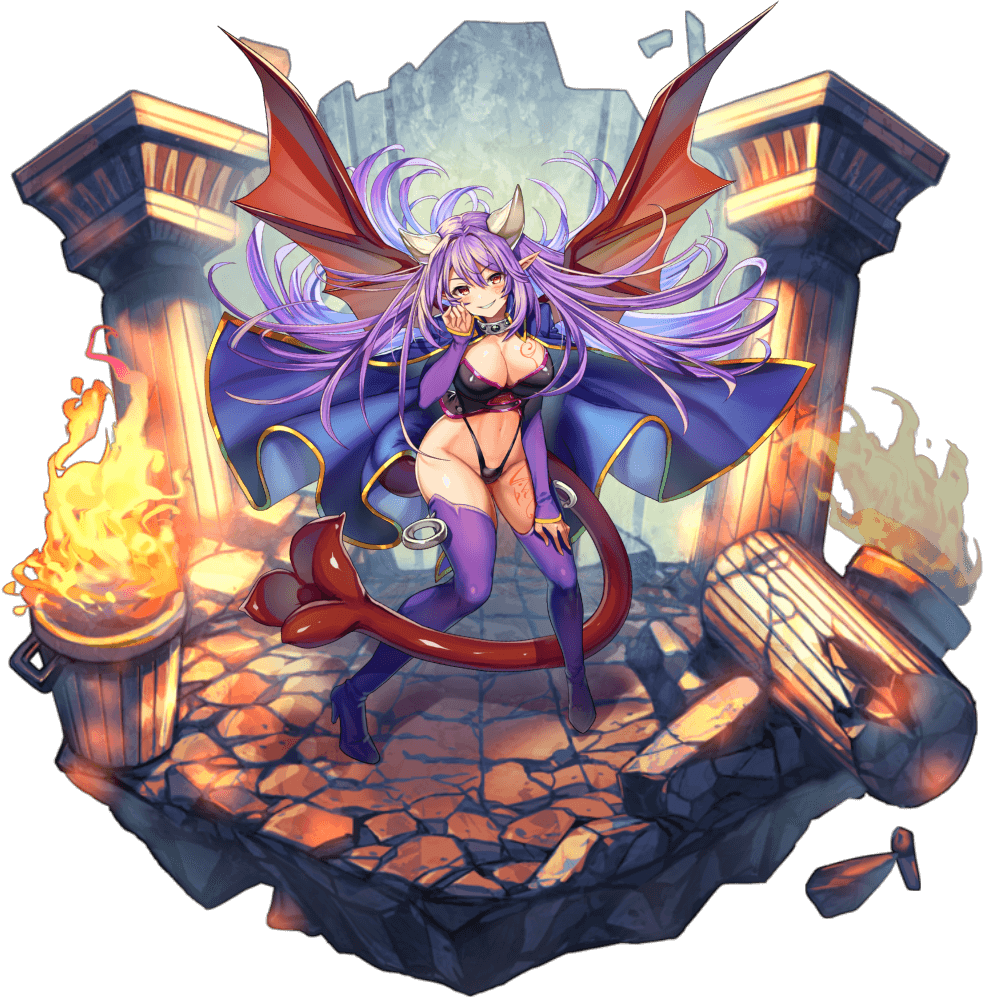 1girl alma_elma artist_request bad_source black_panties blue_cape blush boots breast_tattoo breasts cape cleavage crack cracked_floor demon_girl demon_horns demon_tail demon_wings detached_sleeves facial_tattoo faux_figurine fire floating_cape floating_hair full_body grin hair_between_eyes hand_on_own_thigh hand_up high_heel_boots high_heels highleg highleg_panties horns large_breasts leg_tattoo long_hair looking_at_viewer mon-musu_quest! monster_girl monster_musume_td naughty_face navel official_art panties parted_lips pointy_ears prehensile_tail purple_footwear purple_hair purple_sleeves red_eyes red_tail red_wings revealing_clothes ruins smile solo standing stone_pillar tail tattoo thigh_boots third-party_source transparent_background trash_can underwear very_long_hair wings
