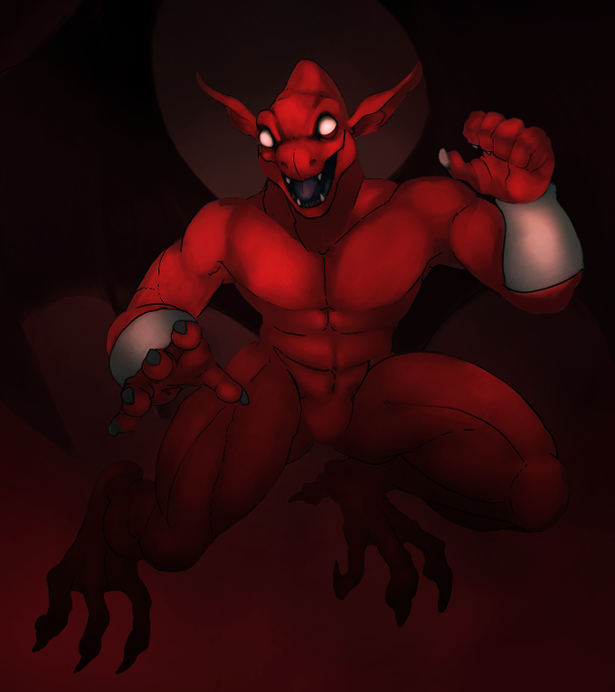 bracelet capcom demon demon's_crest empty_eyes featureless_chest featureless_crotch firebrand flying gargoyle gargoyle's_quest humanoid_pointy_ears jewelry male membrane_(anatomy) membranous_wings muscular nude open_mouth red_arremer red_body see-saw solo wings