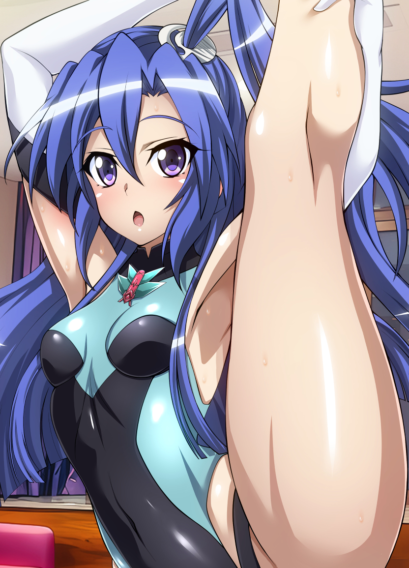 1girl amanatsu_mikan armpits black_leotard blue_hair blue_leotard breasts elbow_gloves feet_out_of_frame gloves hair_between_eyes holding_leg indoors kazanari_tsubasa leg_up leotard light_blush long_hair looking_at_viewer open_mouth purple_eyes senki_zesshou_symphogear skin_tight small_breasts solo standing standing_on_one_leg two-tone_leotard white_gloves