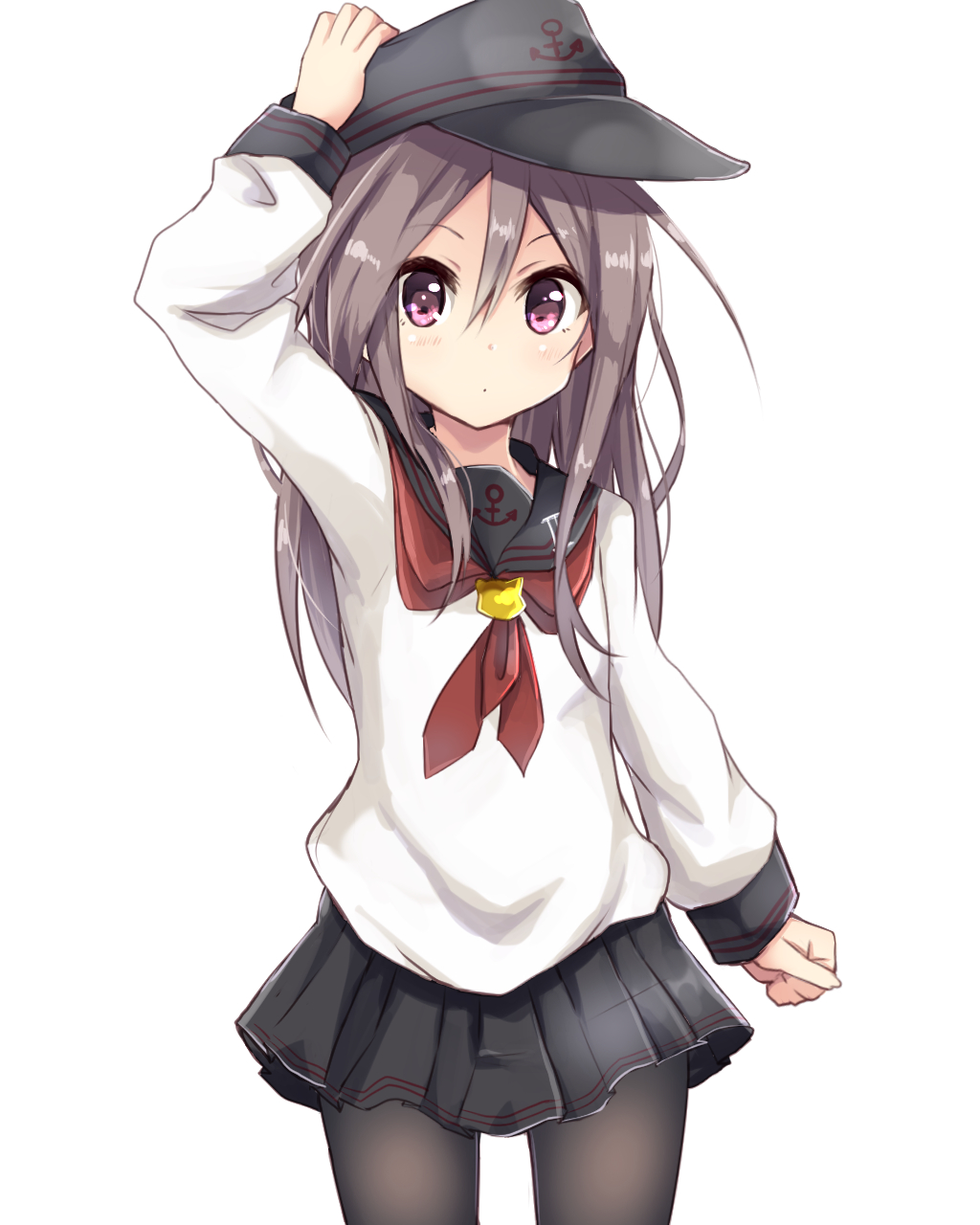 akatsuki_(kantai_collection) akatsuki_(kantai_collection)_(cosplay) amano_kouki anchor_symbol black_legwear black_skirt brown_hair cosplay flat_cap hat highres kantai_collection long_hair long_sleeves md5_mismatch neckerchief pantyhose pleated_skirt red_neckwear remodel_(kantai_collection) school_uniform serafuku skirt solo zuihou_(kantai_collection)