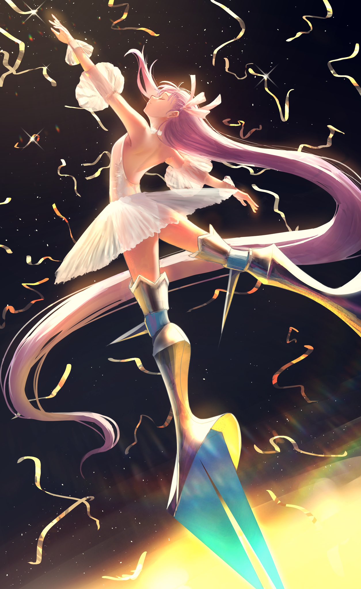 1girl asagi_futsuka ballerina closed_eyes dancing fate/extra fate/extra_ccc fate/grand_order fate_(series) glint hair_ribbon highres long_hair meltryllis_(fate) prosthesis prosthetic_leg purple_hair ribbon tutu very_long_hair