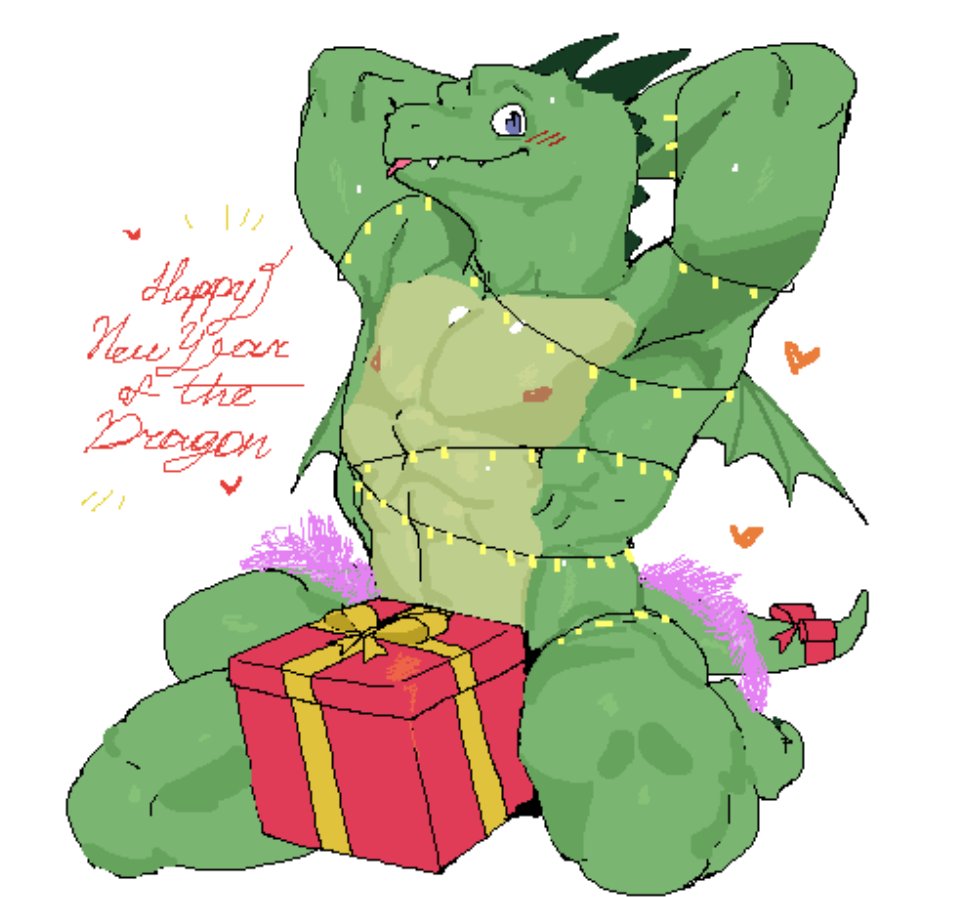 &lt;3 accessory anthro arms_above_head bald barazoku blush blush_lines bow_ribbon box chinese_zodiac container dragon fangs furgonomics gift green_body hands_behind_head holidays kogito male membrane_(anatomy) membranous_wings muscular muscular_anthro muscular_male new_year nipples nude pecs ribbons scaled_dragon scalie sitting small_wings smile snout solo spikes spikes_(anatomy) string_lights tail tail_accessory tail_bow tail_ribbon teeth tinsel tongue tongue_out wings year_of_the_dragon