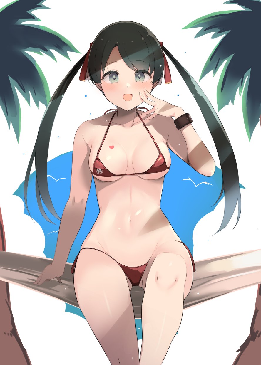 1girl adapted_costume bikini black_hair breasts feet_out_of_frame grey_eyes hammock highres kantai_collection long_hair medium_breasts micro_bikini mikuma_(kancolle) official_alternate_costume palm_tree red_bikini shin_(new) side-tie_bikini_bottom sitting smile solo swimsuit tree