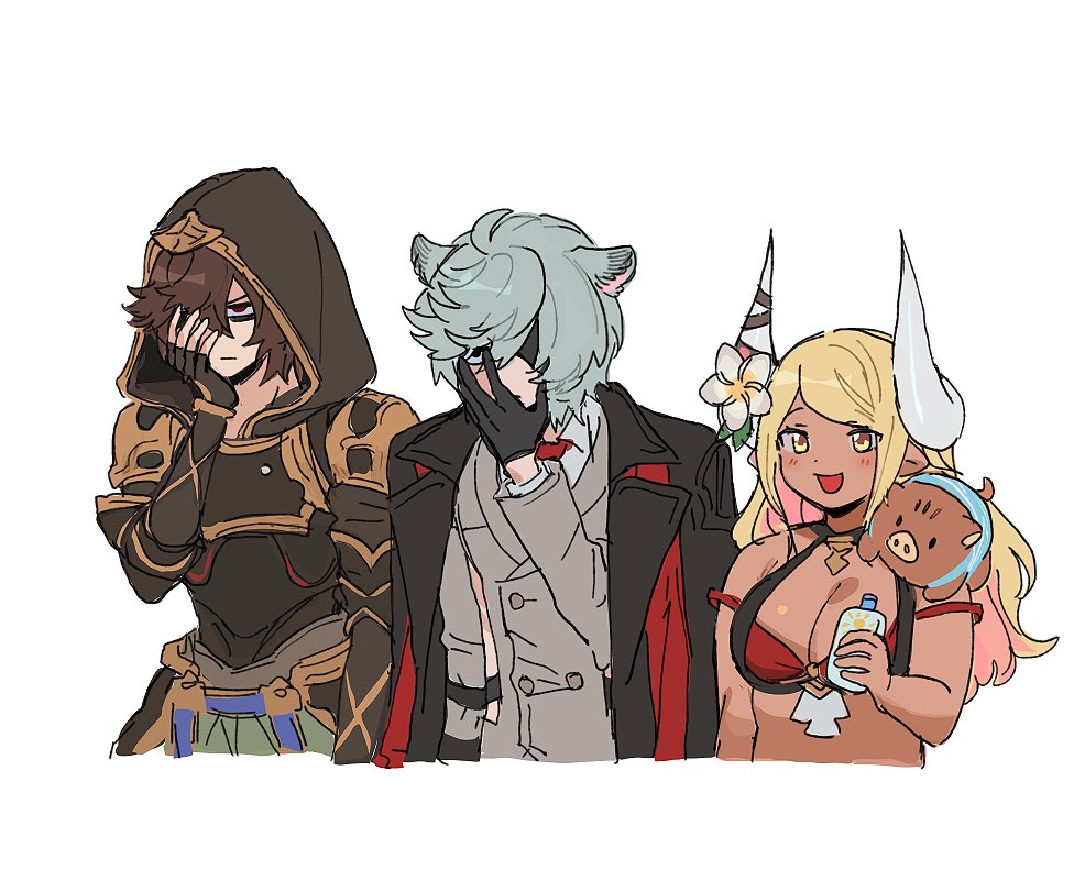 1girl 2boys :d animal_ears armor bags_under_eyes bikini black_eyes blonde_hair boar bottle breastplate breasts brown_hair clothing_cutout collared_shirt colored_inner_hair covering_one_eye draph empty_eyes erune eyepatch flat_color flower frown granblue_fantasy grey_hair hair_between_eyes hair_flower hair_ornament hand_on_own_face hip_armor holding holding_bottle hood hood_up horns jacket jacket_on_shoulders kumbhira_(granblue_fantasy) large_breasts light_blush messy_hair multicolored_hair multiple_boys necktie nehan_(granblue_fantasy) red_bikini red_eyes red_necktie sandalphon_(granblue_fantasy) shaded_face shirt shoulder_armor side_cutout sketch smile suit swimsuit tan wahoosandalphon white_background yellow_eyes