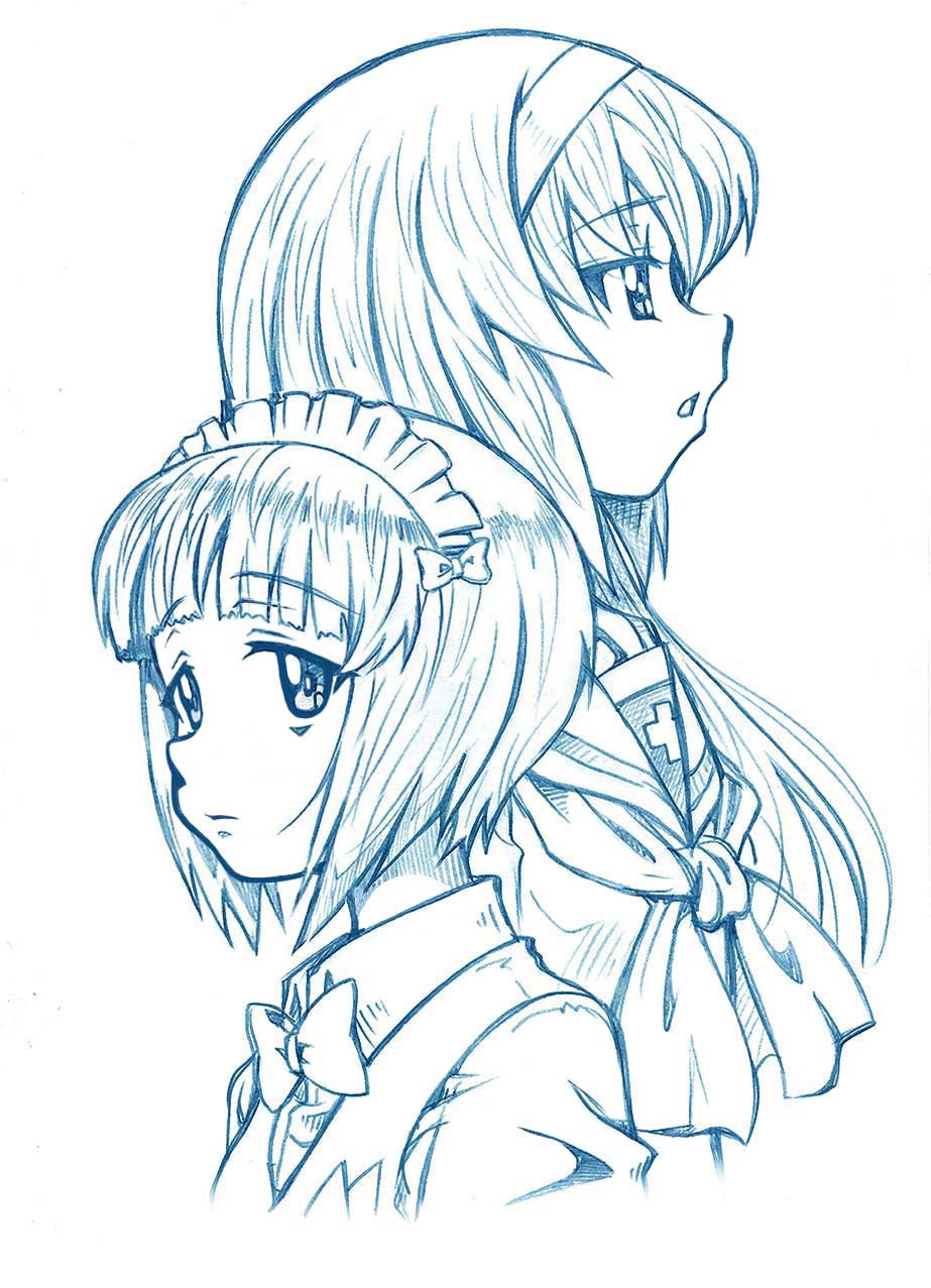 2girls bbb_(friskuser) blouse blue_theme blunt_bangs bob_cut bow bowtie closed_mouth commentary cropped_torso cutlass_(girls_und_panzer) dress_shirt girls_und_panzer hairband highres light_frown long_hair looking_at_viewer looking_to_the_side maid_headdress monochrome multiple_girls neckerchief ooarai_school_uniform open_mouth reizei_mako romaji_commentary school_uniform serafuku shirt short_hair sketch vest wing_collar