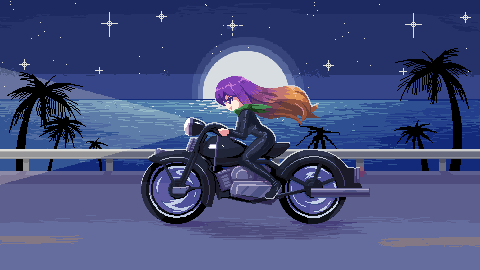 1girl bandana biker_clothes bikesuit black_bodysuit blonde_hair bodysuit edz_drawz full_moon gradient_hair green_bandana green_scarf hijiri_byakuren leather_suit lowres moon motor_vehicle motorcycle multicolored_hair night night_sky outdoors palm_tree pixel_art purple_hair riding scarf sky solo star_(sky) touhou tree turbo_byakuren