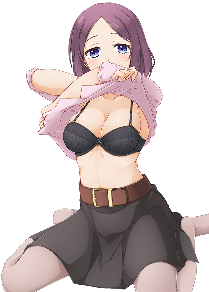 1girl belt belt_buckle black_bra black_skirt blush bow bow_bra bra breasts brown_belt buckle cleavage clothes_lift collarbone commentary_request commission covered_mouth forehead grey_pantyhose hinata_masaki lifted_by_self looking_at_viewer medium_breasts navel new_game! no_shoes pantyhose parted_bangs pink_shirt pixiv_commission puffy_short_sleeves puffy_sleeves purple_eyes purple_hair shirt shirt_lift short_sleeves simple_background sitting skirt solo tooyama_rin underwear undressing wariza white_background