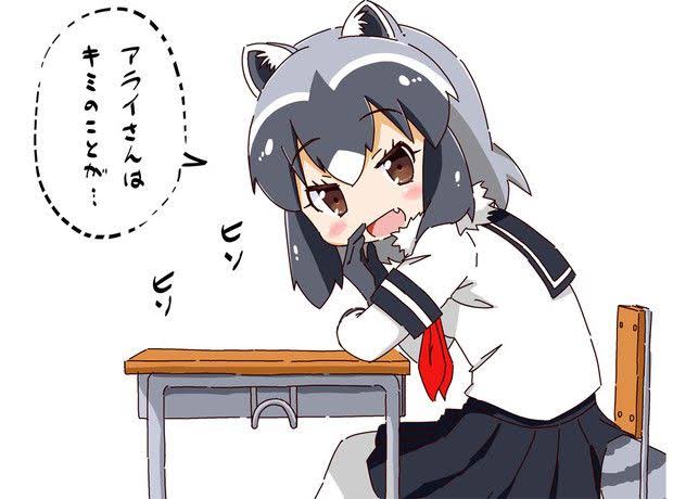 1girl animal_ears arai_sannanoda blush brown_eyes chair common_raccoon_(kemono_friends) covering_own_mouth desk elbow_gloves fang fur_collar gloves grey_gloves grey_hair grey_skirt hair_between_eyes kemono_friends looking_at_viewer multicolored_hair neckerchief open_mouth pantyhose pleated_skirt raccoon_ears raccoon_girl raccoon_tail red_neckerchief sailor_collar school_uniform serafuku shirt sidelocks sitting skirt smile solo tail translation_request white_fur white_gloves white_hair white_pantyhose white_shirt