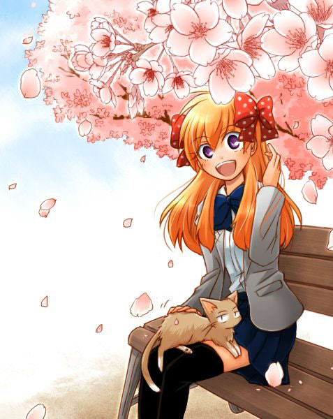 1girl animal_on_lap animalization bench black_thighhighs blue_skirt bow cat cat_on_lap cherry_blossoms commentary_request gekkan_shoujo_nozaki-kun grey_jacket hair_bow hori_masayuki jacket miniskirt on_lap open_mouth orange_hair petals polka_dot polka_dot_bow purple_eyes sakura_chiyo school_uniform sitting skirt smile takana_x123 thighhighs zettai_ryouiki