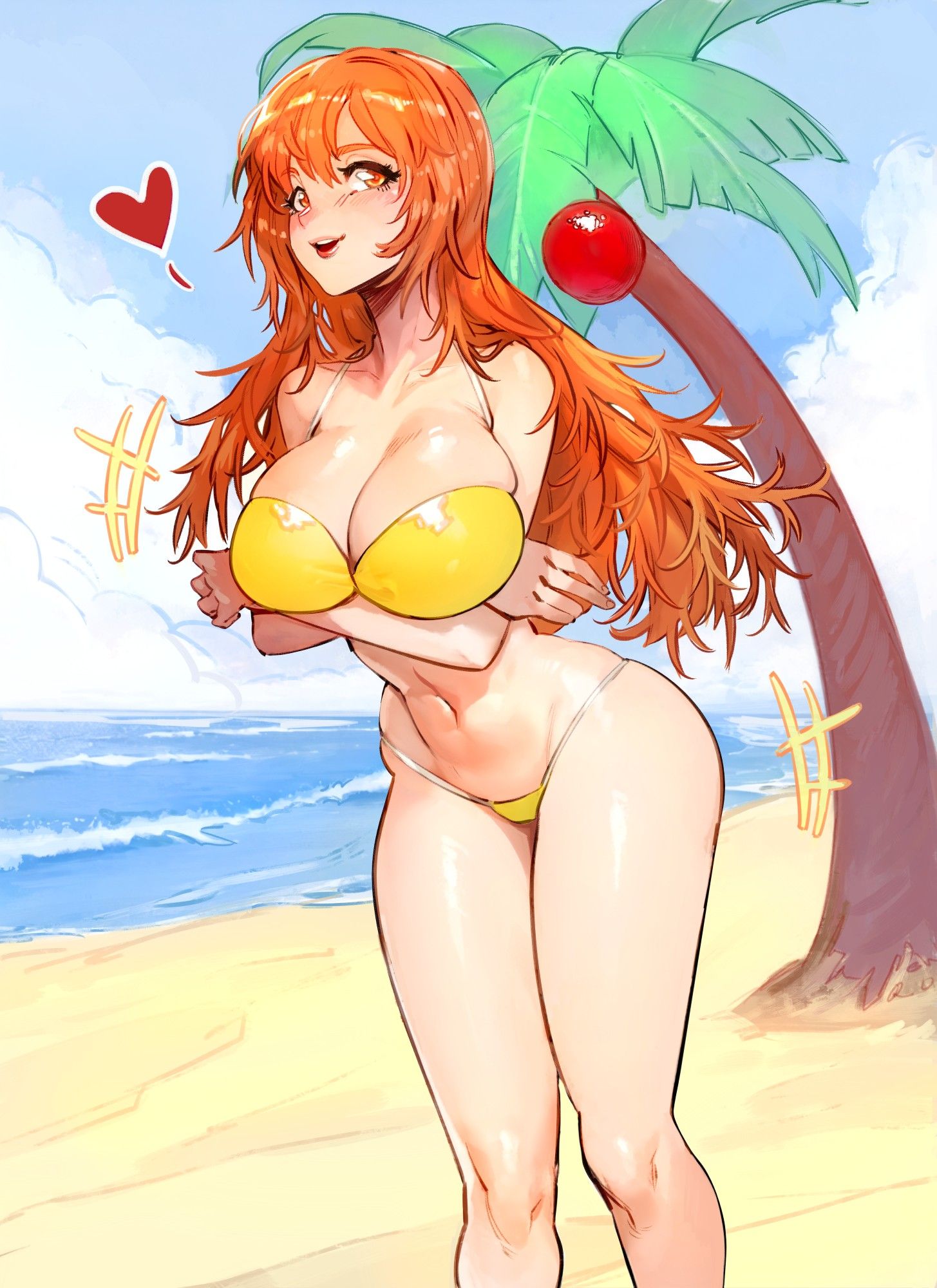 1girl arms_under_breasts bare_shoulders beach bikini blue_sky blush breasts cleavage cloud cloudy_sky coconut_tree commission day hair_between_eyes heart highres huge_breasts joy_(shenmue) leaning_forward long_hair looking_at_viewer midriff navel open_mouth orange_eyes orange_hair outdoors palm_tree second-party_source shenmue shenmue_ii shenmue_the_animation sidelocks sky smile solo string_bikini swimsuit thighs topsu tree waves yellow_bikini