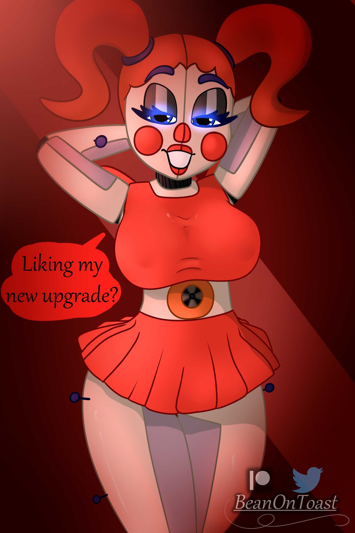 beanontoast big_breasts blue_eyes blush bottomwear bra breasts circus_baby_(fnaf) clothed clothing dialogue female five_nights_at_freddy's hair hi_res humanoid machine nipple_outline red_bottomwear red_clothing red_hair red_skirt robot scottgames sister_location skirt smile solo underwear