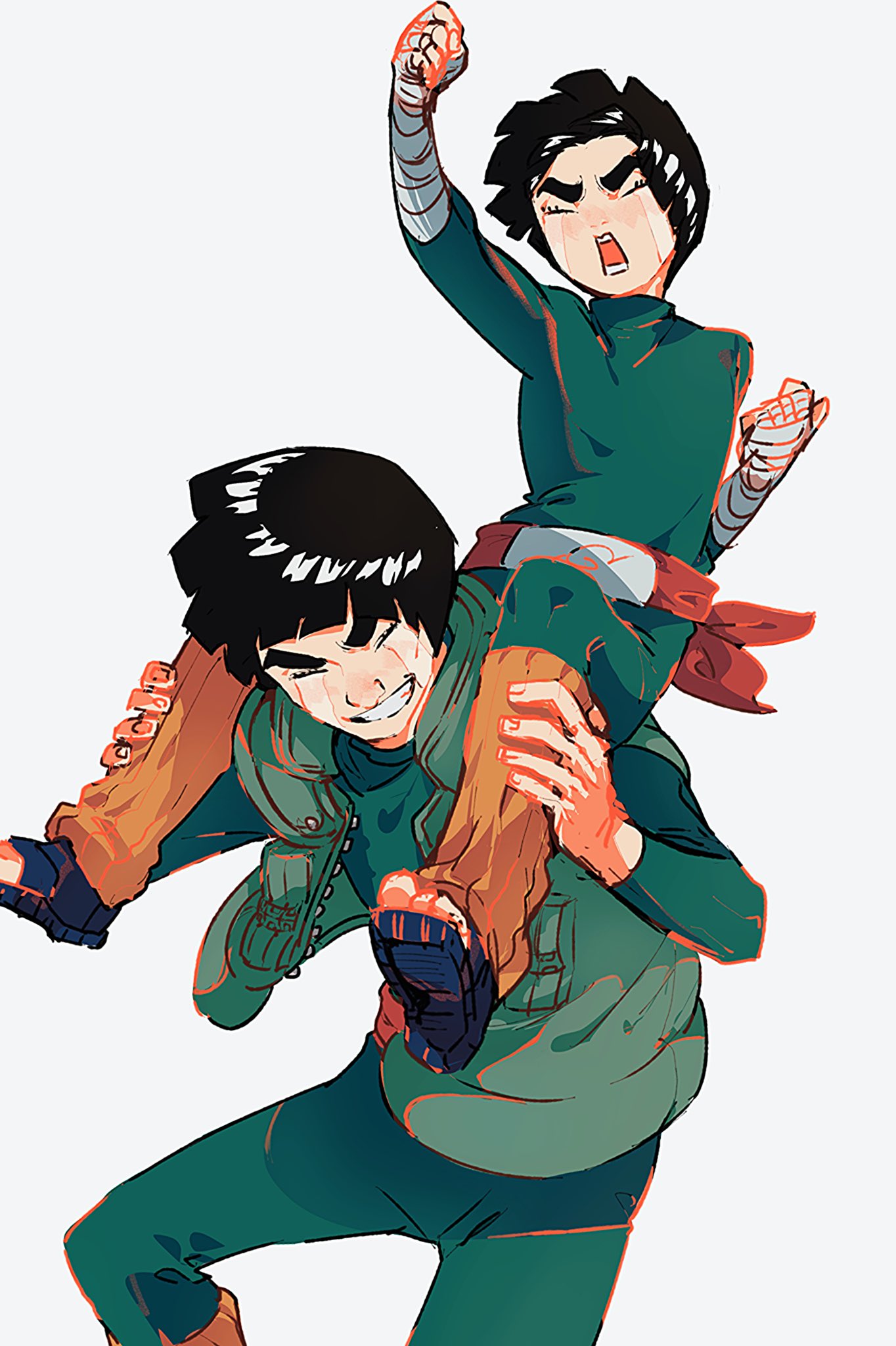 2boys arm_up bandaged_arm bandages black_hair bodysuit bowl_cut clenched_hands closed_eyes commentary crying eyelashes feet_out_of_frame green_bodysuit green_vest grey_background highres leg_warmers male_focus might_guy multiple_boys nakawo_777 naruto naruto_(series) open_mouth rock_lee sandals short_hair simple_background sitting_on_shoulder smile symbol-only_commentary thick_eyebrows vest