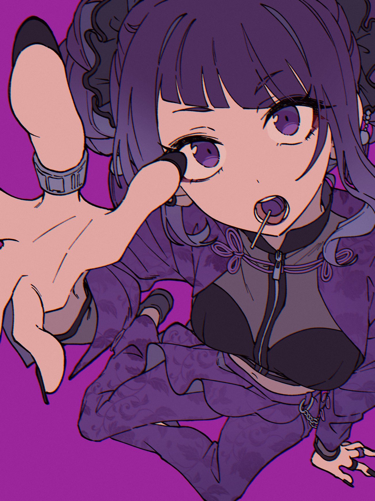 1girl arm_support black_nails black_scrunchie black_shirt blunt_bangs breasts candy diagonal_bangs dot_nose food food_in_mouth from_above full_body grey_footwear hair_ornament hair_scrunchie highres idolmaster idolmaster_shiny_colors jacket jewelry lollipop long_sleeves looking_at_viewer medium_breasts nail_polish navel niyororinpayamaru open_mouth pants purple_background purple_eyes purple_hair purple_jacket purple_pants purple_theme reaching reaching_towards_viewer ring scrunchie shirt shoes short_twintails simple_background sitting solo tanaka_mamimi twintails yokozuwari