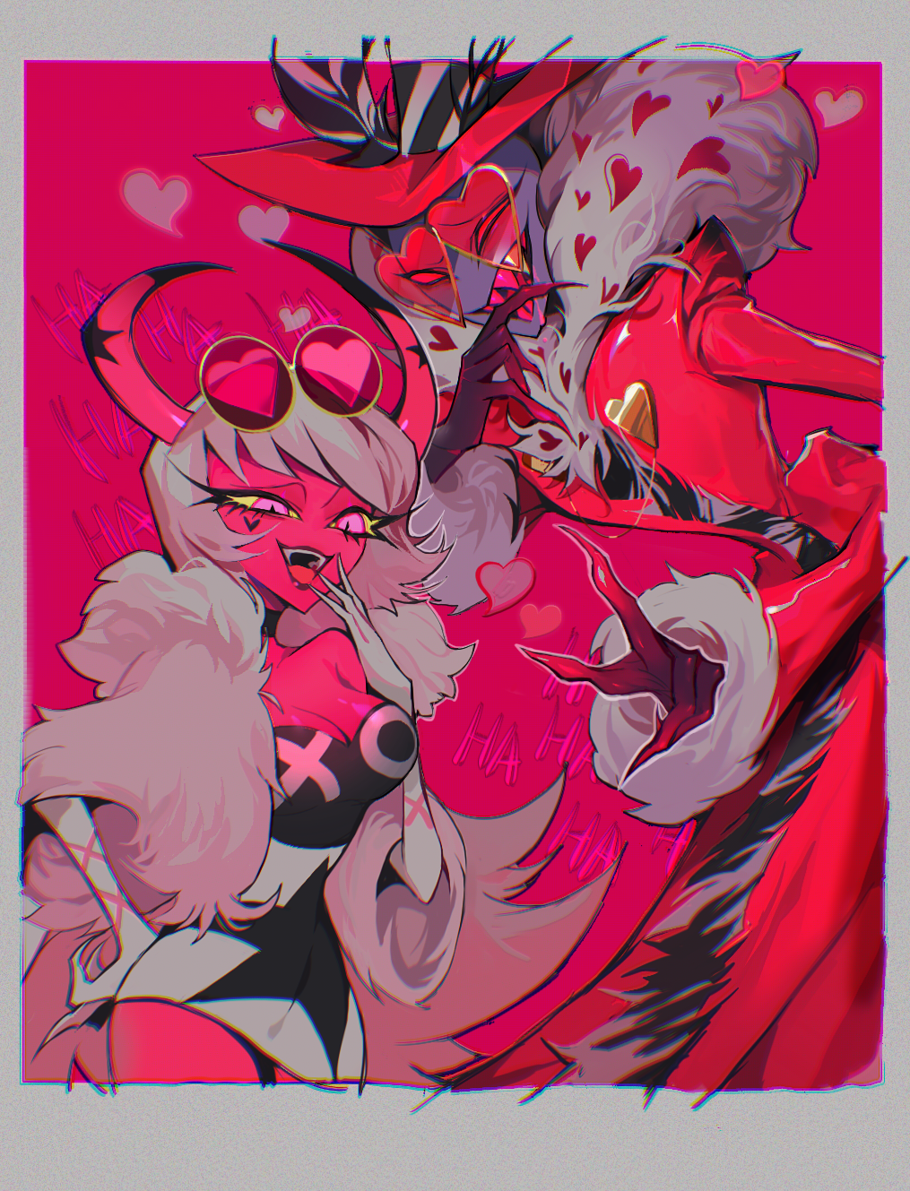 1boy 1girl breasts coat colored_sclera colored_skin demon demon_boy demon_girl demon_horns fur_coat glasses hat hazbin_hotel helluva_boss highres horns kouneiyan76957 large_breasts long_coat long_hair pink_skin purple_skin valentino_(hazbin_hotel) verosika_mayday very_long_hair