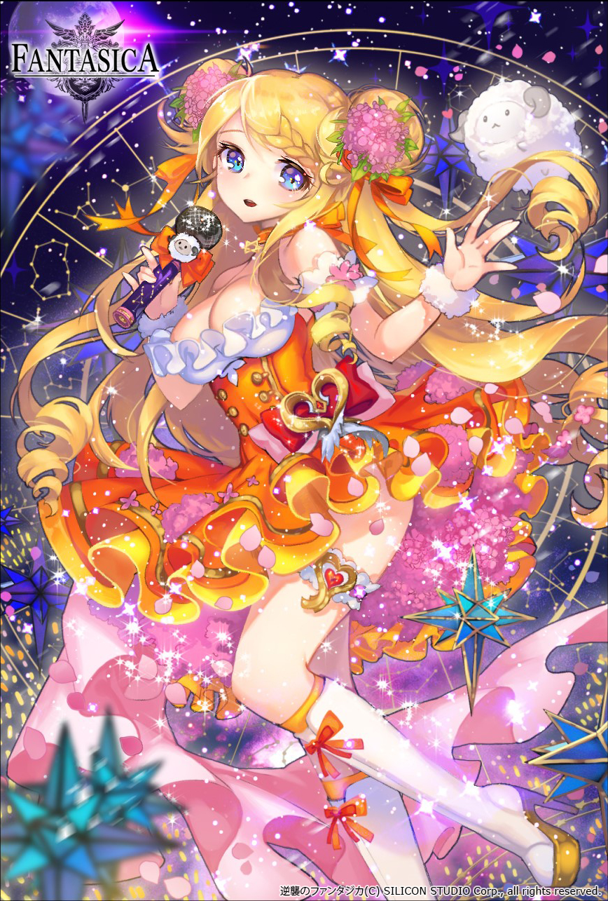 1girl apple_caramel bare_shoulders blonde_hair blue_eyes bow braid breasts choker cleavage constellation copyright_name copyright_notice double_bun dress flower foot_out_of_frame frilled_dress frills gyakushuu_no_fantasica hair_bow hair_bun hair_flower hair_ornament heart high_heels highres holding holding_microphone kneehighs large_breasts long_hair looking_at_viewer microphone moon official_art open_mouth orange_bow orange_dress petals pink_bow pink_flower red_bow ribbon sheep socks solo sparkle star_(sky) thigh_strap thighhighs very_long_hair wristband zodeia