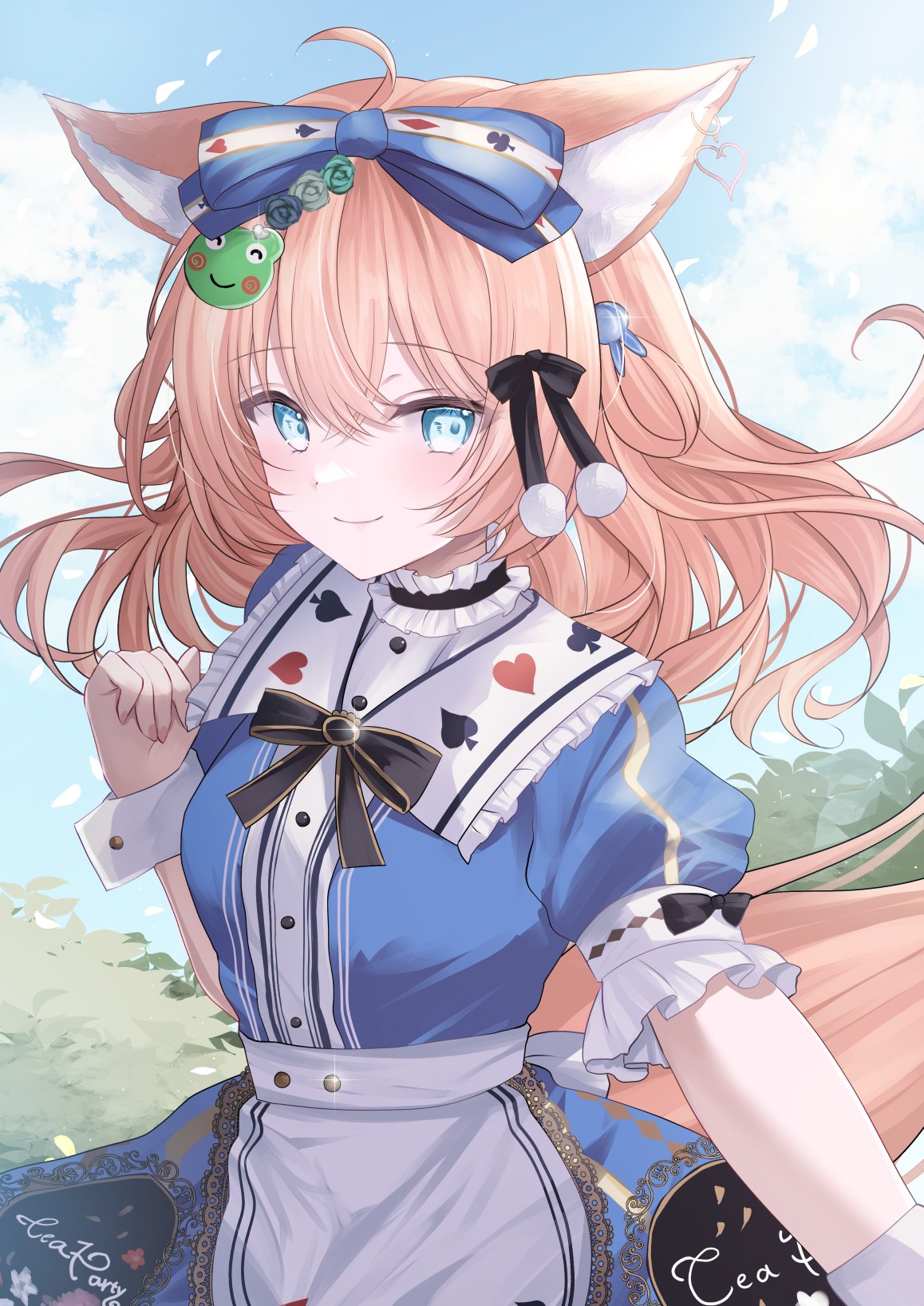 1girl ahoge alice_in_wonderland apron blonde_hair blue_dress blue_eyes bow commentary commission dress frog_hair_ornament hair_bow hair_ornament highres kerokichi kurage_cc long_hair short_sleeves skeb_commission smile solo symbol-only_commentary vrchat white_apron wrist_cuffs