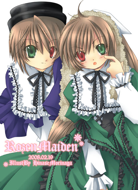 2girls akanbe artist_name black_headwear black_ribbon brown_hair closed_mouth collared_dress collared_shirt commentary_request copyright_name cowboy_shot dated dress eyelid_pull frilled_dress frilled_shirt_collar frilled_sleeves frills green_dress green_eyes hair_between_eyes head_scarf heterochromia lace leaning_forward lolita_fashion long_hair long_sleeves looking_at_viewer medium_bangs morinaga_hinase multiple_girls neck_ribbon red_eyes ribbon rozen_maiden shirt short_hair siblings simple_background sisters souseiseki suiseiseki tongue tongue_out twins very_long_hair white_background white_headwear white_shirt