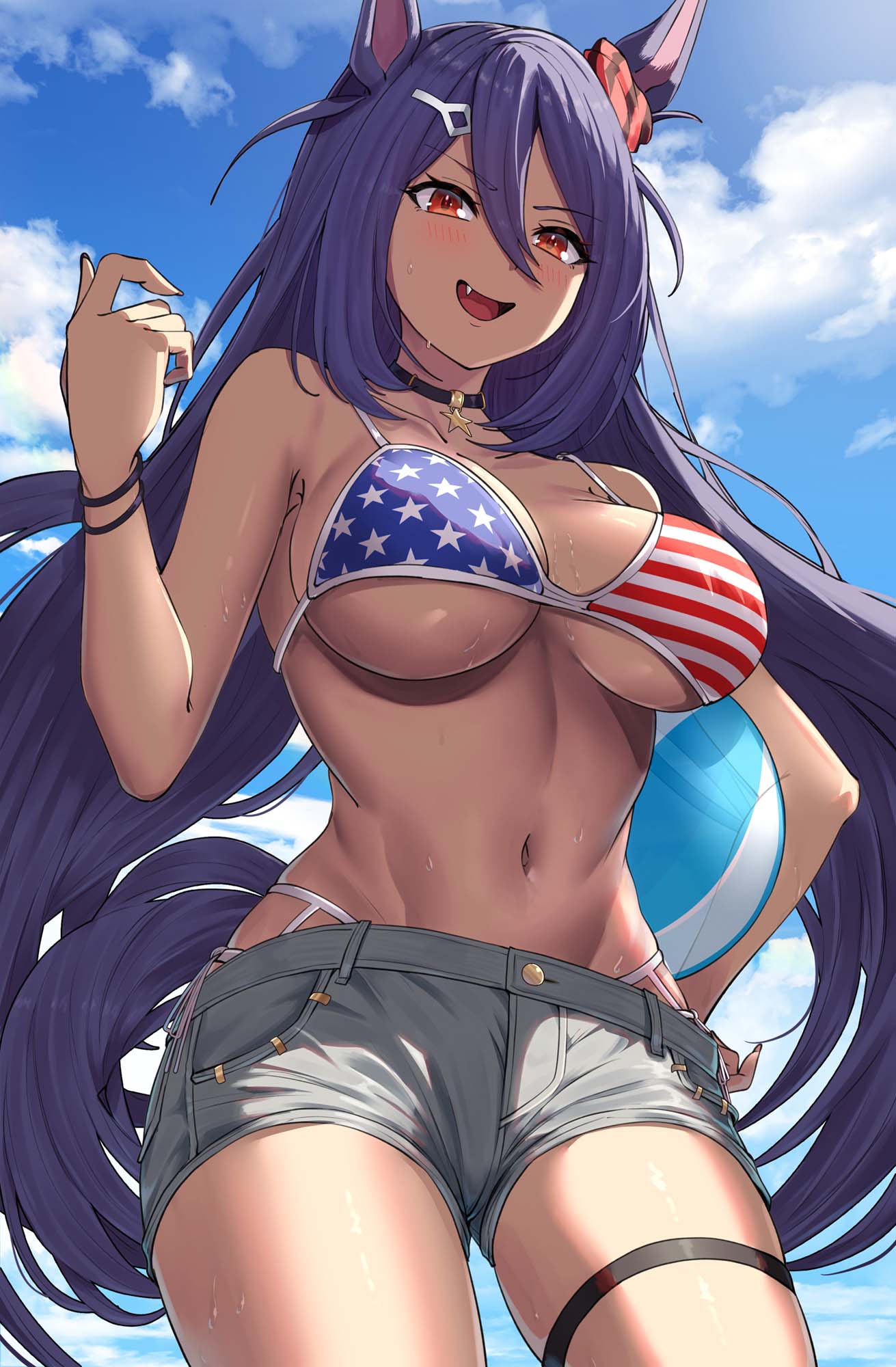 1girl :d american_flag_bikini animal_ears ball bare_arms bare_shoulders beachball bikini black_choker blue_sky character_request choker cloud commentary_request commission cowboy_shot dark_skin day fang flag_print grey_shorts highres horse_ears long_hair looking_at_viewer navel open_mouth purple_hair red_eyes short_shorts shorts skeb_commission sky smile solo standing stomach swimsuit tail take978733141 thigh_strap thighs umamusume very_long_hair