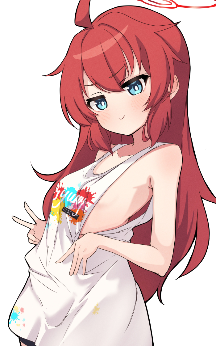 1girl amai_nekuta apron bare_arms bare_shoulders blue_archive blue_eyes breasts closed_mouth commentary cowboy_shot halo looking_at_viewer maki_(blue_archive) naked_apron official_alternate_costume red_hair red_halo simple_background small_breasts smile solo v white_background