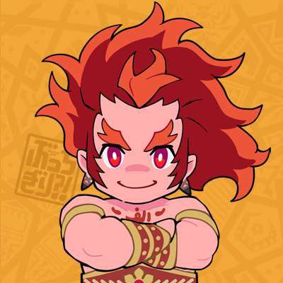 1boy abs arabic_text bara belt bucchigiri chibi colored_skin crossed_arms jewelry long_hair long_sideburns looking_at_viewer lowres male_focus muscular muscular_male orange_background pectorals pink_skin prehensile_hair red_background red_belt red_eyes red_hair senya_(bucchigiri) sideburns smile thick_eyebrows