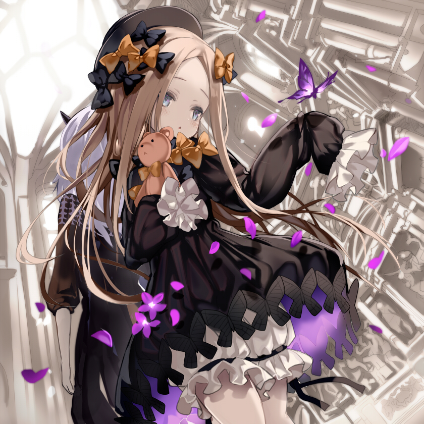 2girls :o abigail_williams_(fate/grand_order) back-to-back bangs black_bow black_dress black_hat blonde_hair bloomers blue_eyes blush bow bug butterfly commentary_request dress dutch_angle fate/grand_order fate_(series) flower forehead hair_bow hat head_tilt horn indoors insect lavinia_whateley_(fate/grand_order) long_hair long_sleeves multiple_girls object_hug orange_bow parted_bangs parted_lips petals polka_dot polka_dot_bow purple_flower shino_(eefy) silver_hair sleeves_past_fingers sleeves_past_wrists stuffed_animal stuffed_toy teddy_bear underwear very_long_hair white_bloomers