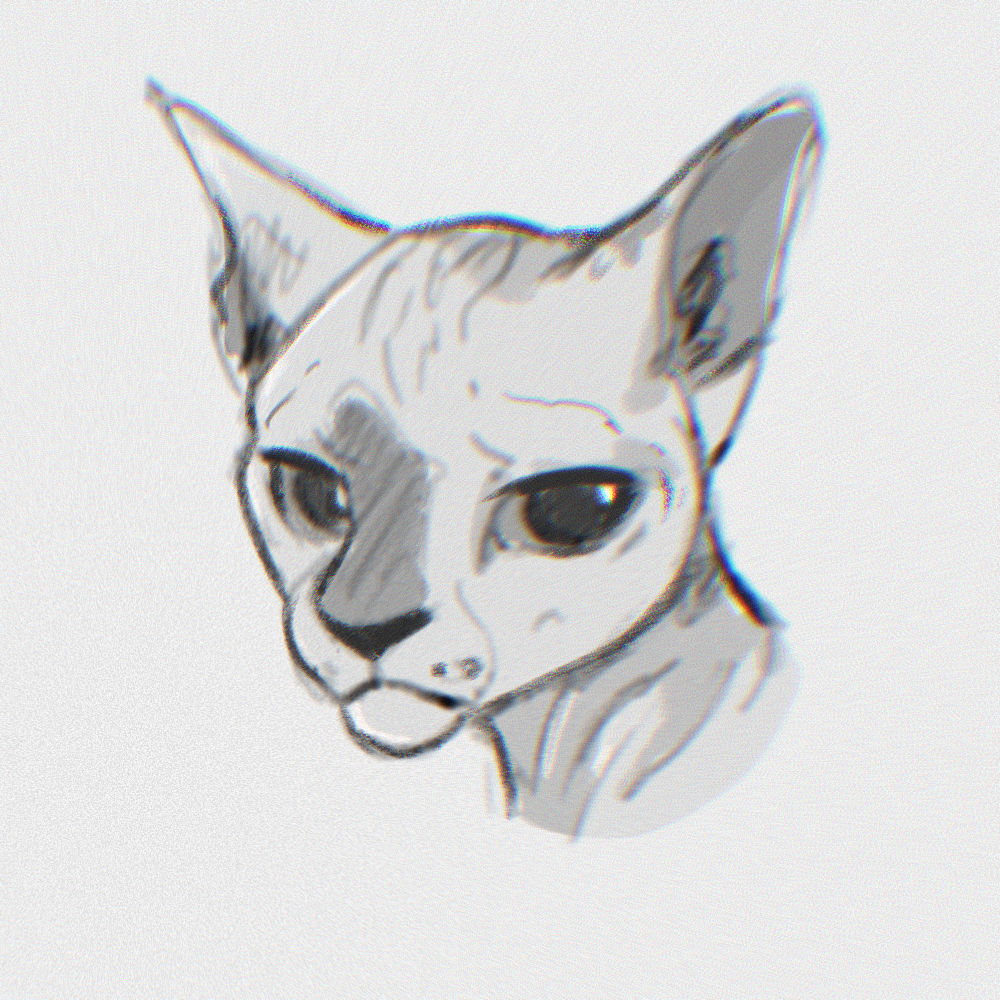 bald_female big_ears big_eyes domestic_cat felid feline felis female feral grainy_image greyscale hairless hairless_cat headshot_portrait mammal monochrome portrait realistic_feral simple_background sketch solo sphynx_(cat) tayarinne