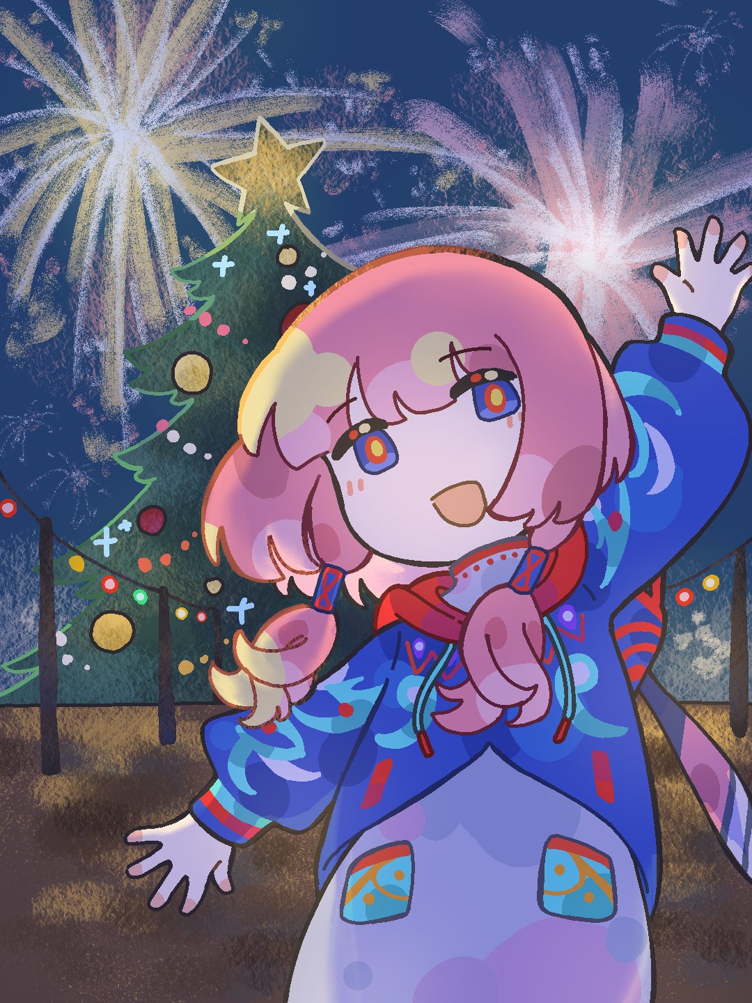 1girl arm_up blue_eyes blue_jacket christmas christmas_tree commentary_request cowboy_shot dody31776243 dress fireworks hair_over_shoulder hair_tubes highres hood hood_down hooded_jacket jacket kaf_(kamitsubaki_studio) kamitsubaki_studio light_blush long_sleeves looking_at_viewer low_twintails multicolored_eyes night open_mouth outdoors pink_hair puffy_long_sleeves puffy_sleeves red_eyes smile solo standing string_of_light_bulbs twintails virtual_youtuber waving white_dress yellow_pupils